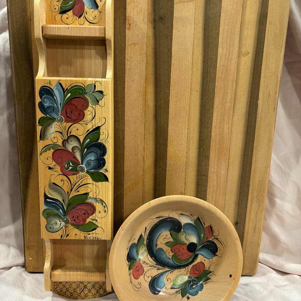 Vintage Norwegian Rosemale Hand Painted Wood Match Holder (signed) and Bowl